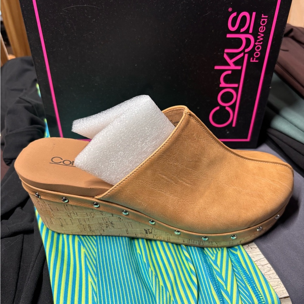 Corkys Tan Studded Cork Wedge Mules
